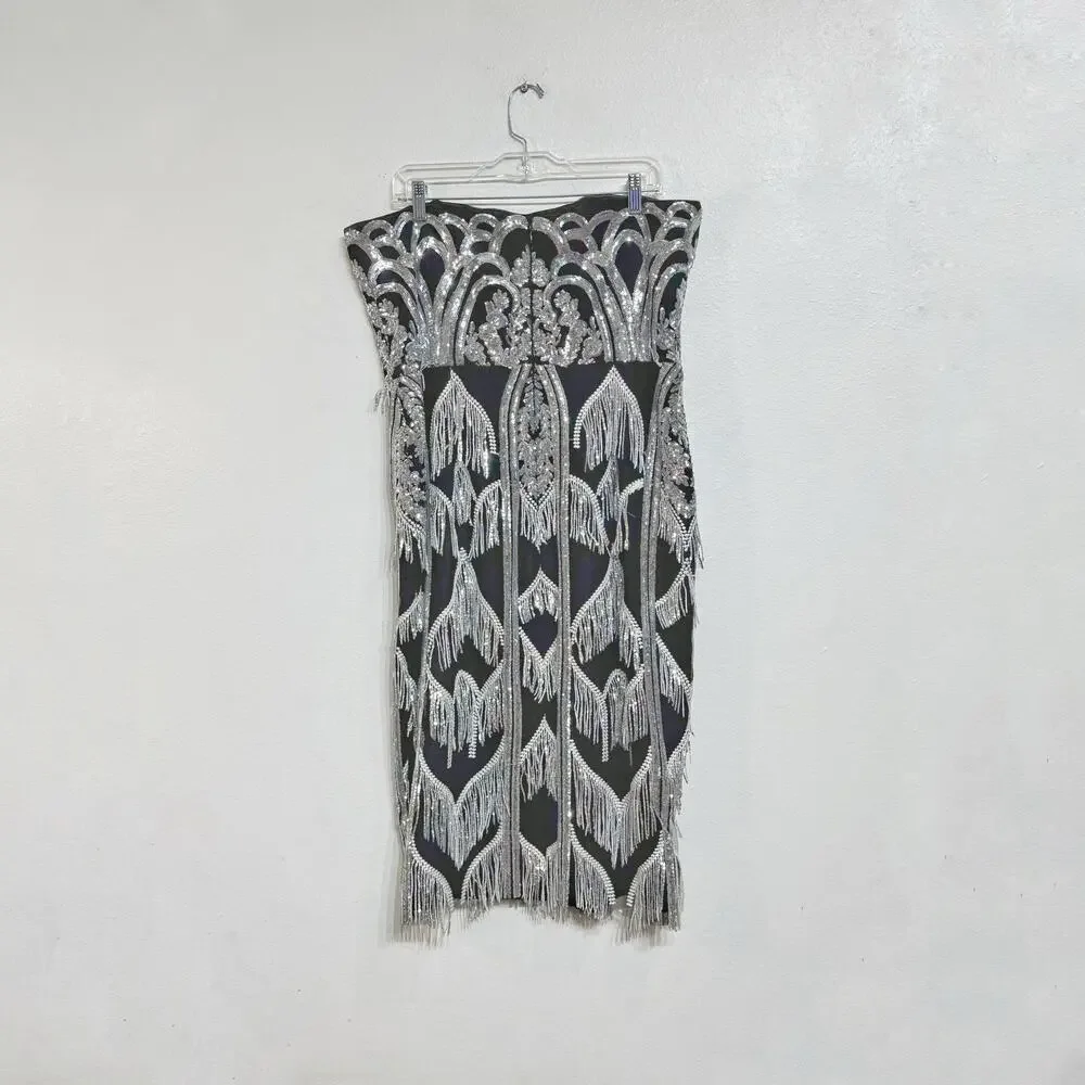 Dress the Population Black Viviana Sequin Fringe Strapless Midi Dress Sz XXL - Picture 10 of 13